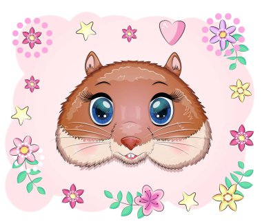 Tatlı çizgi film hamster karakterleri, çiçekli komik hayvan ağızlığı.