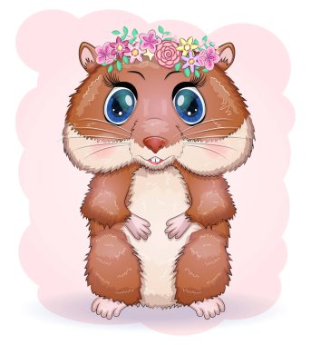 Sevimli çizgi film hamster karakterleri, çiçekli komik hayvan, kemirgen, evcil hayvan