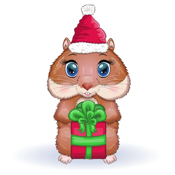 Cute Hamster Santa Claus Hat Gift Christmas Isolated — Stock Vector