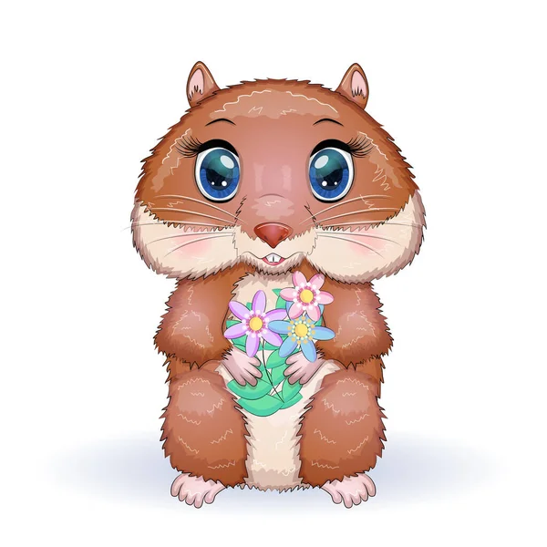 Personagens Hamster Desenhos Animados Bonitos Animal Engraçado Com Flores — Vetor de Stock