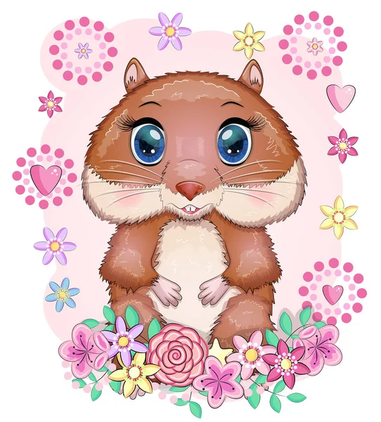 Mignon Personnage Hamster Dessin Animé Drôle Animal Dans Les Fleurs — Image vectorielle