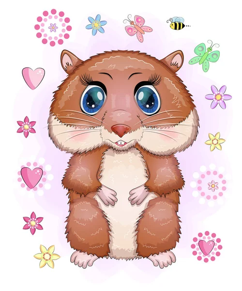 可爱的卡通人物仓鼠 鲜花中有趣的动物 — 图库矢量图片