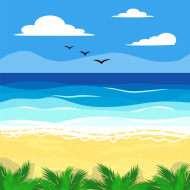 Palmiye ağaçları, deniz, okyanus, tatil ve turizm konsepti olan plaj. Yaz, tatil