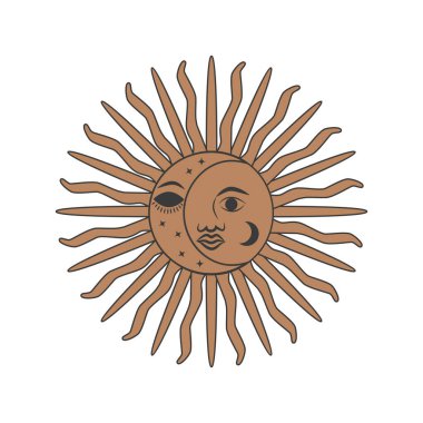 Esrarengiz sembol. Güneş, yıldızlar ve ay ile mistik ve büyülü tasarım.