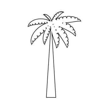 Tropik palmiye ağaçları, siyah siluetler ve beyaz arka planda dış hatlar..