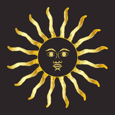 Güneş, hilal, yıldızlar ve bulutlu mistik altın boho dövmeleri. Doğrusal tasarım, el çizimi. Astroloji, mistisizm ve falcılık için elementler.