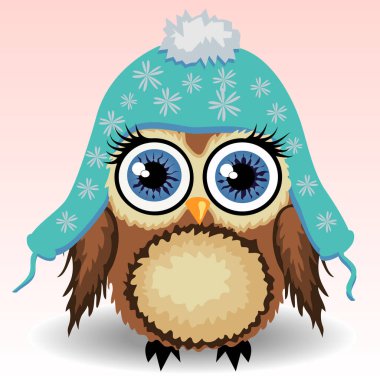 Mavi şapkalı küçük bir baykuş, uzun kulaklı, kış baykuşu, soğuktan korunmak için bir barınak.