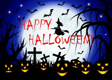 Cadılar Bayramı. Cadı dev bir dolunayın arka planında süpürge sırığında uçuyor. Gece manzarası, yarasa sürüsü, valeler.