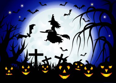 Cadılar Bayramı. Cadı dev bir dolunayın arka planında süpürge sırığında uçuyor. Gece manzarası, yarasa sürüsü, valeler.