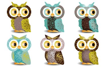 Kanatlarında ve vücudunda karmaşık desenleri olan altı baykuş seti, hacim ölçer, cam gözler. Cesetler üzerinde hacim etkisiyle