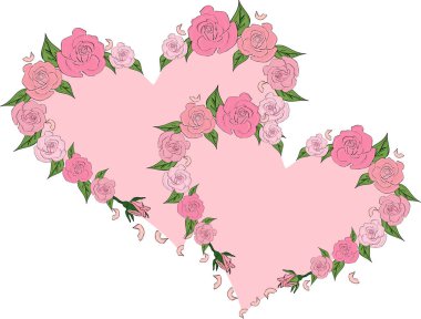 Gül ve taç yapraklarıyla çerçevelenmiş iki nazik kalp, düğün.