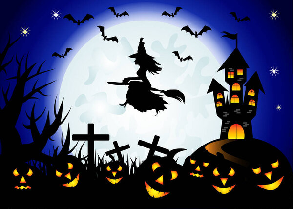 Halloween. The witch flies on a broomstick against the backdrop of a huge full moon and an ominous castle on a raised platform. Night landscape, a flock of bats, jacks