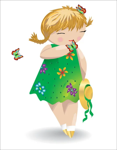Dziewczyna Warkoczami Zielonej Sukience Motylami Włosach Dłoni Kapelusz Ręku Motyl — Wektor stockowy