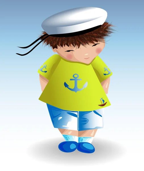 Marynarzyk Białym Morskim Kapeluszu Zielona Koszulka Malowaną Kotwicą Niebieskie Szorty — Wektor stockowy