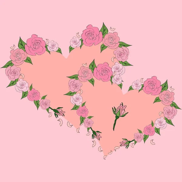 Dos Corazones Tiernos Enmarcados Con Rosas Pétalos Boda — Vector de stock