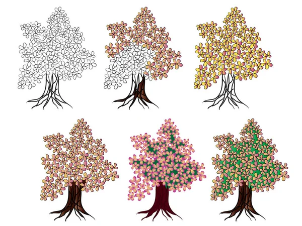Ανθοφόρο Δέντρο Ρίζες Παραλλαγές Χρωματισμού Περίγραμμα — Διανυσματικό Αρχείο