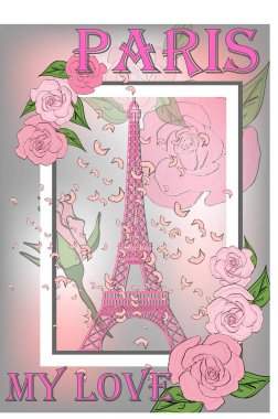 Klasik Fransa poster tasarımı. Eiffel kulesi ve güllerle romantik bir geçmişi var. Yazıt Paris