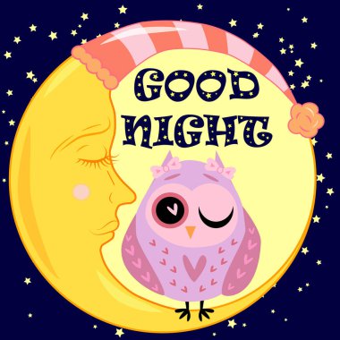 İyi geceler. Hilal şeklinde hareketsiz bir kartpostal, sevimli bir baykuş çizgi filmi ve metin..