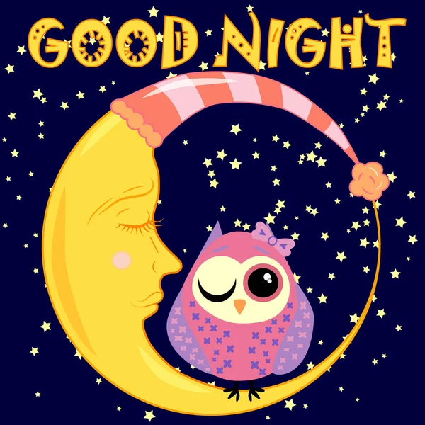 Geceler Hilal Şeklinde Hareketsiz Bir Kartpostal Sevimli Bir Baykuş Çizgi — Stok Vektör