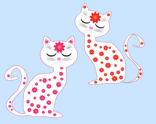 Gato Blanco Agraciado Dibujo Flores Rojas Gato Que Camina Solo — Vector de stock