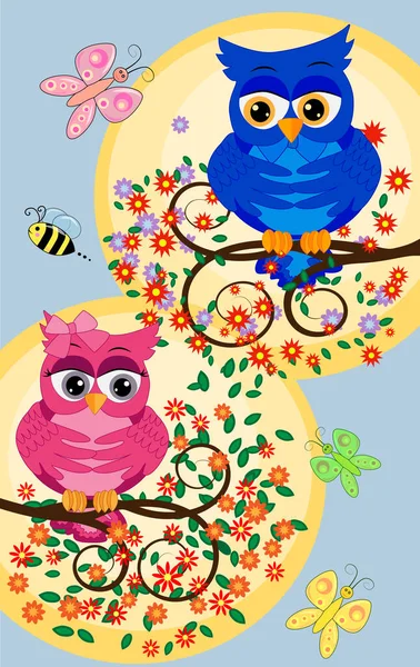 Two Owls Blossoming Tree Branches Pink Girl Blue Boy Concept — Stock Vector