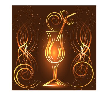 İçkili bir bardağın altın rengi dış hatları, altın rengi ışıklı.