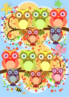 Çiçekli ağaç dalları, anneler ve çocuklar üzerinde mutlu bir baykuş ailesi. Bahar, yaz, bakım. Anneler Günü