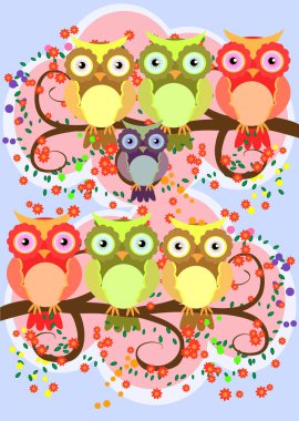 Çiçekli ağaç dalları, anneler ve çocuklar üzerinde mutlu bir baykuş ailesi. Bahar, yaz, bakım. Anneler Günü