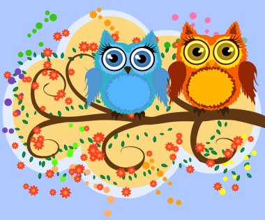 Parlak bir aile, çizgi film, sevimli, renkli baykuşlar çiçek açan bir ağaç dalında, ebeveynler, çocuklar, piliçler