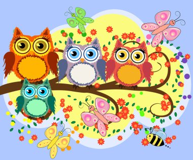 Parlak, çizgi film karakteri, sevimli, renkli baykuşlar, çiçek açan bir ağaç dalında, aileler, çocuklar.