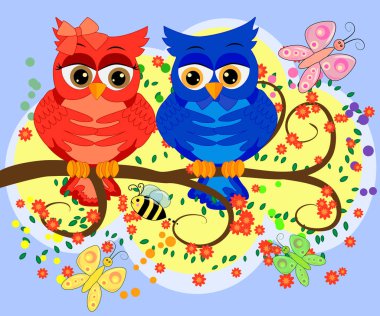 Çiçek açan ağaç dallarında iki baykuş: Pembe bir kız ve mavi bir oğlan. Aşk ve sempati kavramı