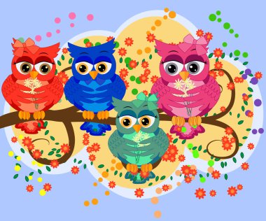 Çiçek açan ağaçların dallarında renkli, parlak ve güzel baykuşlardan oluşan bir aile. Anneler, babalar, çocuklar. Kart