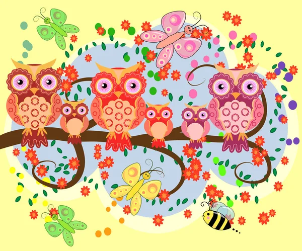 開花木の枝 お母さんと子供たちにフクロウの幸せな家族 母の日 — ストックベクタ