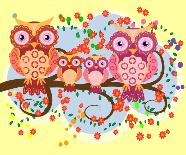 Happy Family Owls Flowering Tree Branches Moms Children Spring Summer — Stock Vector