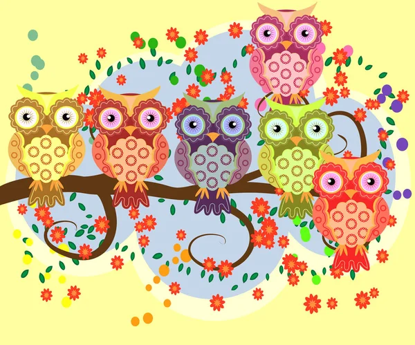 Búhos Brillantes Caricaturescos Coquetos Amorosos Las Ramas Florecientes Árbol Primavera — Archivo Imágenes Vectoriales