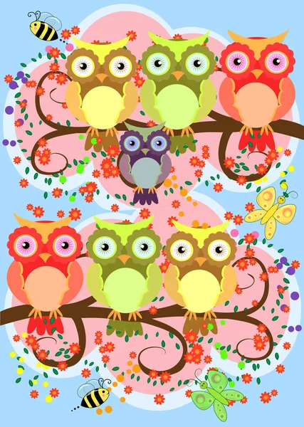 Happy Family Owls Flowering Tree Branches Moms Children Spring Summer — Stock Vector