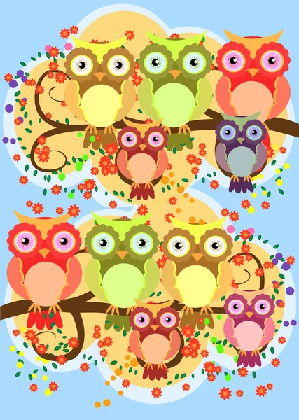 Happy Family Owls Flowering Tree Branches Moms Children Spring Summer — Stock Vector