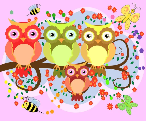 Happy Family Owls Flowering Tree Branches Moms Children Spring Summer — Stock Vector