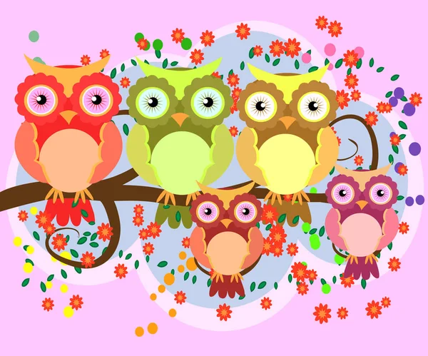 Happy Family Owls Flowering Tree Branches Moms Children Spring Summer — Stock Vector