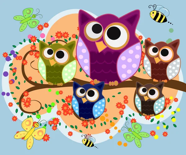 Happy Family Owls Flowering Tree Branches Daddies Mothers Children Grandparents — Stock Vector
