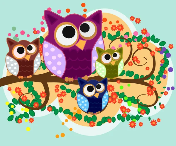 Happy Family Owls Flowering Tree Branches Daddies Mothers Children Grandparents — Stock Vector