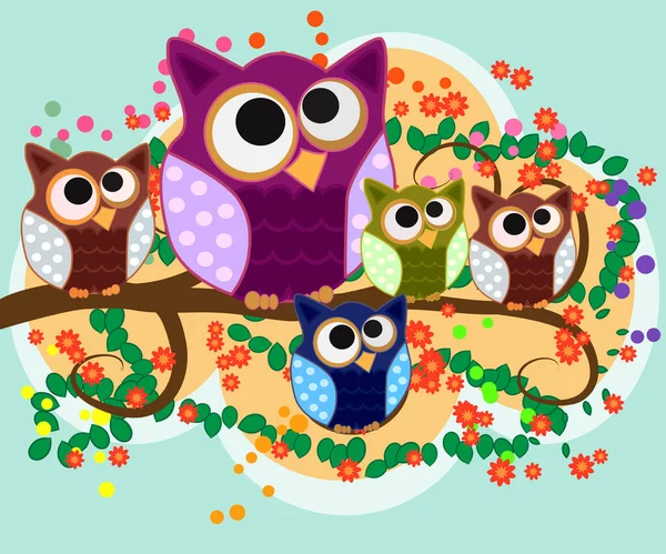 Happy Family Owls Flowering Tree Branches Daddies Mothers Children Grandparents — Stock Vector