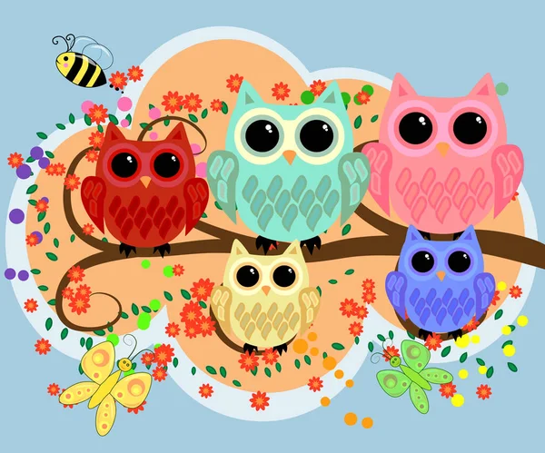 Happy Family Owls Flowering Tree Branches Daddies Mothers Children Grandparents — Stock Vector