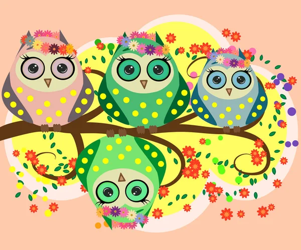 Family Bright Cartoon Cute Colorful Owls Flowering Tree Branch Parents — Stock Vector
