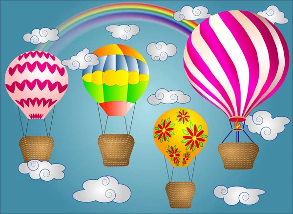 Alguns Vivid Cartoonish Grandes Balões Volumétricos Com Uma Cesta Céu —  Vetores de Stock