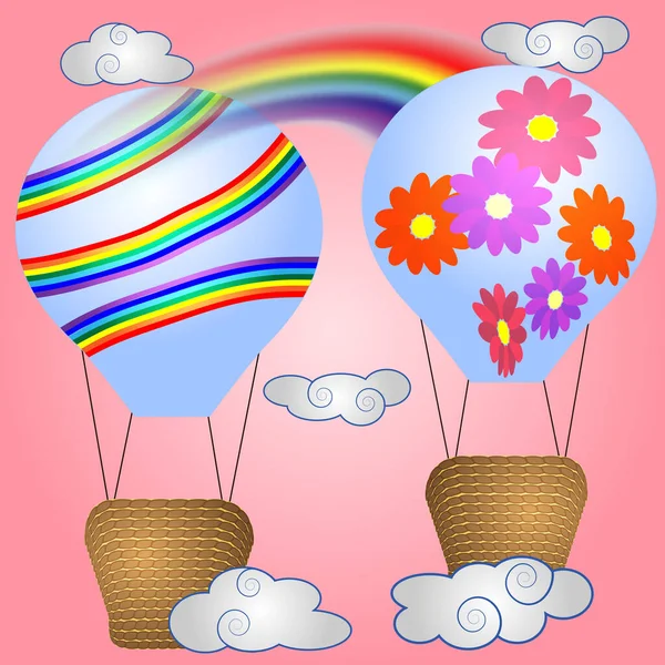 Dois Brilhantes Desenhos Animados Grandes Balões Volumétricos Com Uma Cesta —  Vetores de Stock