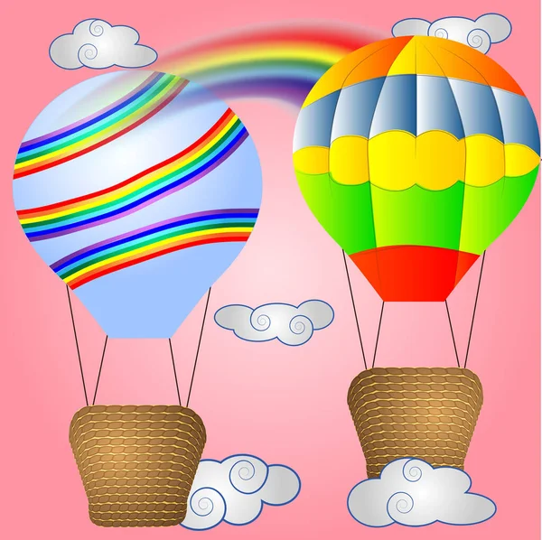 Dois Brilhantes Desenhos Animados Grandes Balões Volumétricos Com Uma Cesta —  Vetores de Stock