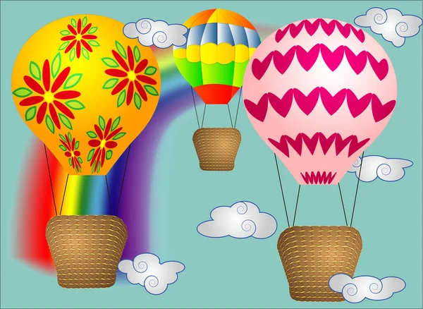 Alguns Vivid Cartoonish Grandes Balões Volumétricos Com Uma Cesta Céu —  Vetores de Stock