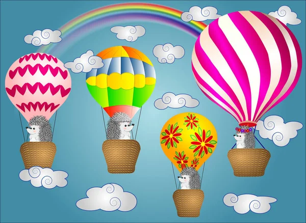 Adoráveis Ouriços Voam Desenhos Animados Grandes Balões Volumosos Céu Meio —  Vetores de Stock