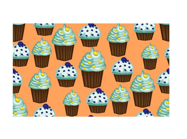 Padrão Sem Costura Cupcakes Apetitosos Com Creme Azul — Vetor de Stock